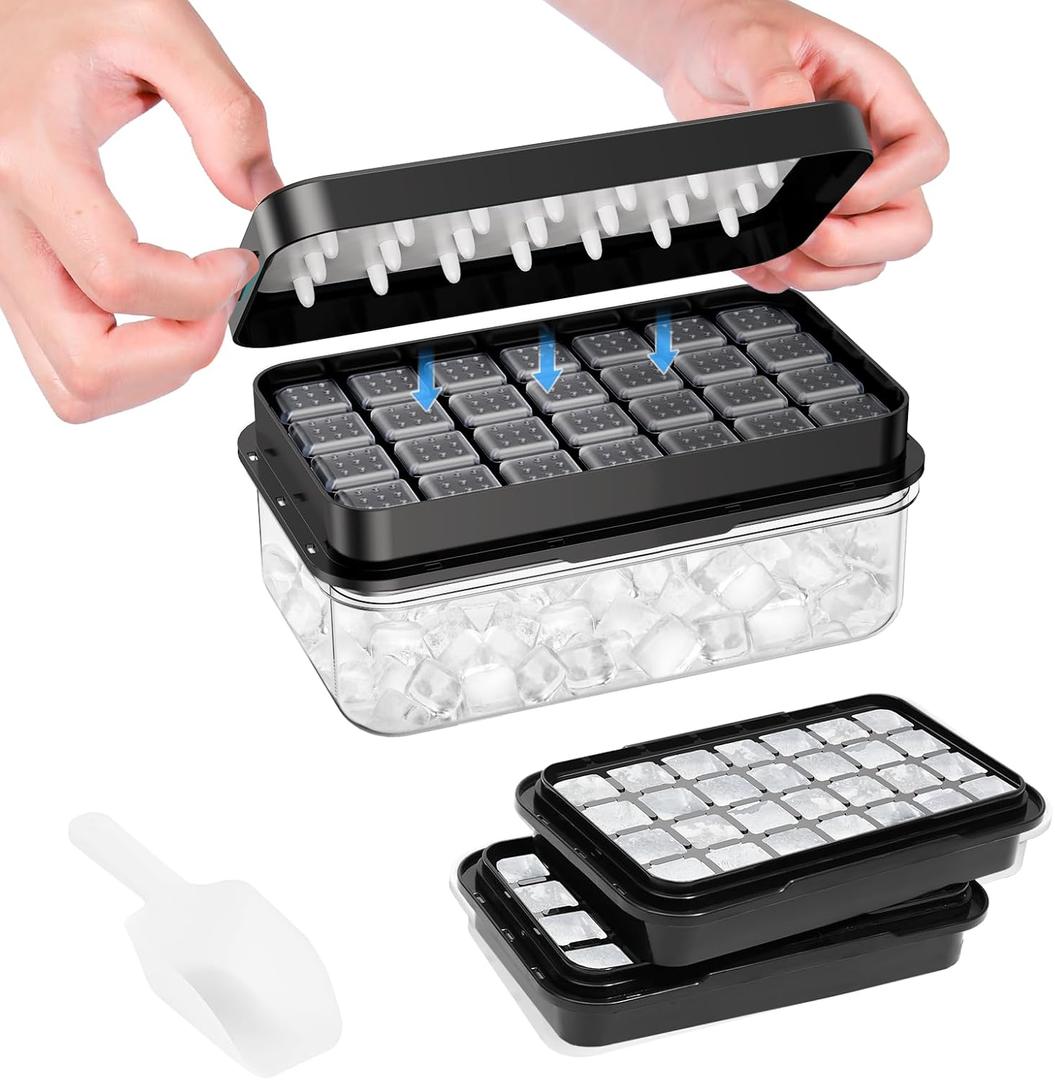 Ice Cube Tray with Lid and Bin, PHINOX 56 pcs Ice Trays for Freezer, Ice Cube Trays for Freezer with 2 trays, Container, Lid & Ice Scoop, BPA Free, Black