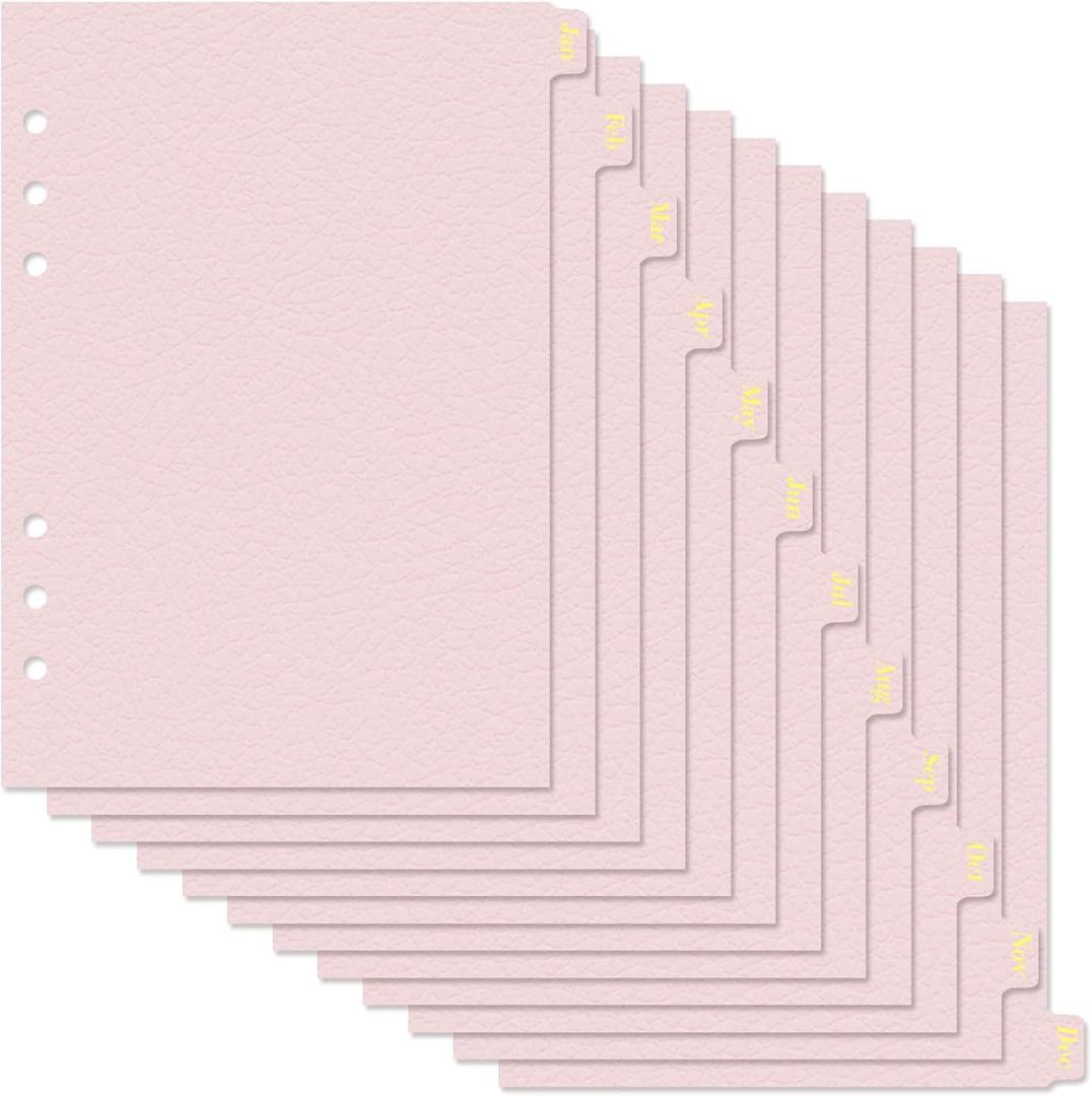 Koqye Leather Textured A5 6-Ring Binder Dividers with 12 Monthly Tabs, Pink Paper Index Page Separators for Planner/Organizer (1 Set - 12 Monthly Tabs)