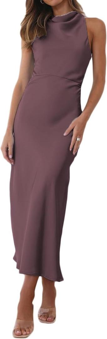 Halfisland Satin High Neck Backless Sleeveless Midi Dresses for Women Elegant Mock Neck High Waist Cross Back Cocktail Dress,Grape, Medium