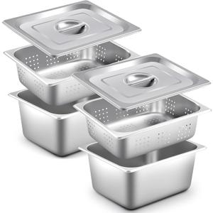 Mifoci 6 Pcs 1/2 Size Full Size Hotel Pan with Lid Set Include 2 Stainless Steel Pan, 2 Perforated Steamer and 2 Steam Table Pot Cover for Restaurant Kitchen Supplies