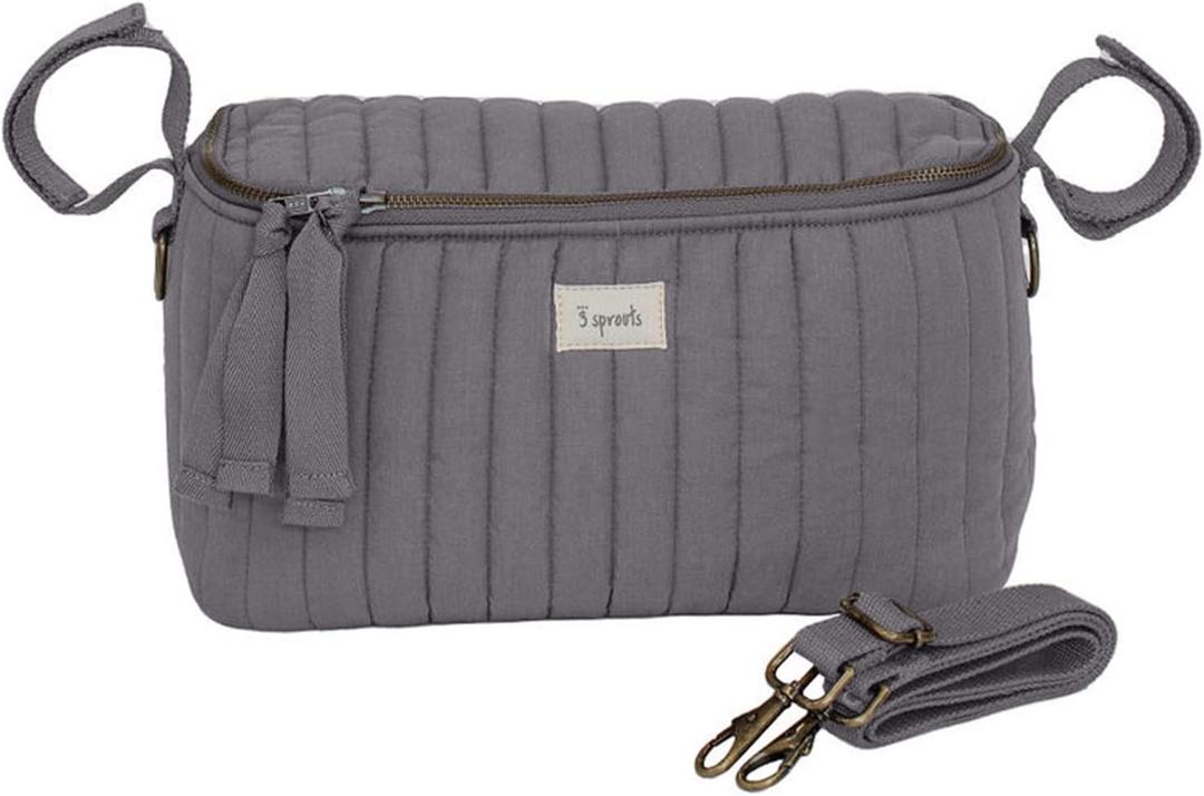 3 Sprouts Universal Quilted Stroller Organizer with Cup Holder and Zip Top - Durable Stroller Caddy Accessory with Storage - Shoulder Strap Converts Organizer to Small Diaper Bag - Gray