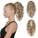 Flufymooz Ponytail Extension, 12" Short Claw Ponytail Extension Wavy Curly Jaw Clip in Pony tails Hair Extension Natural Synthetic Hairpiece for Women (Honey Blonde with Blonde Highlights)