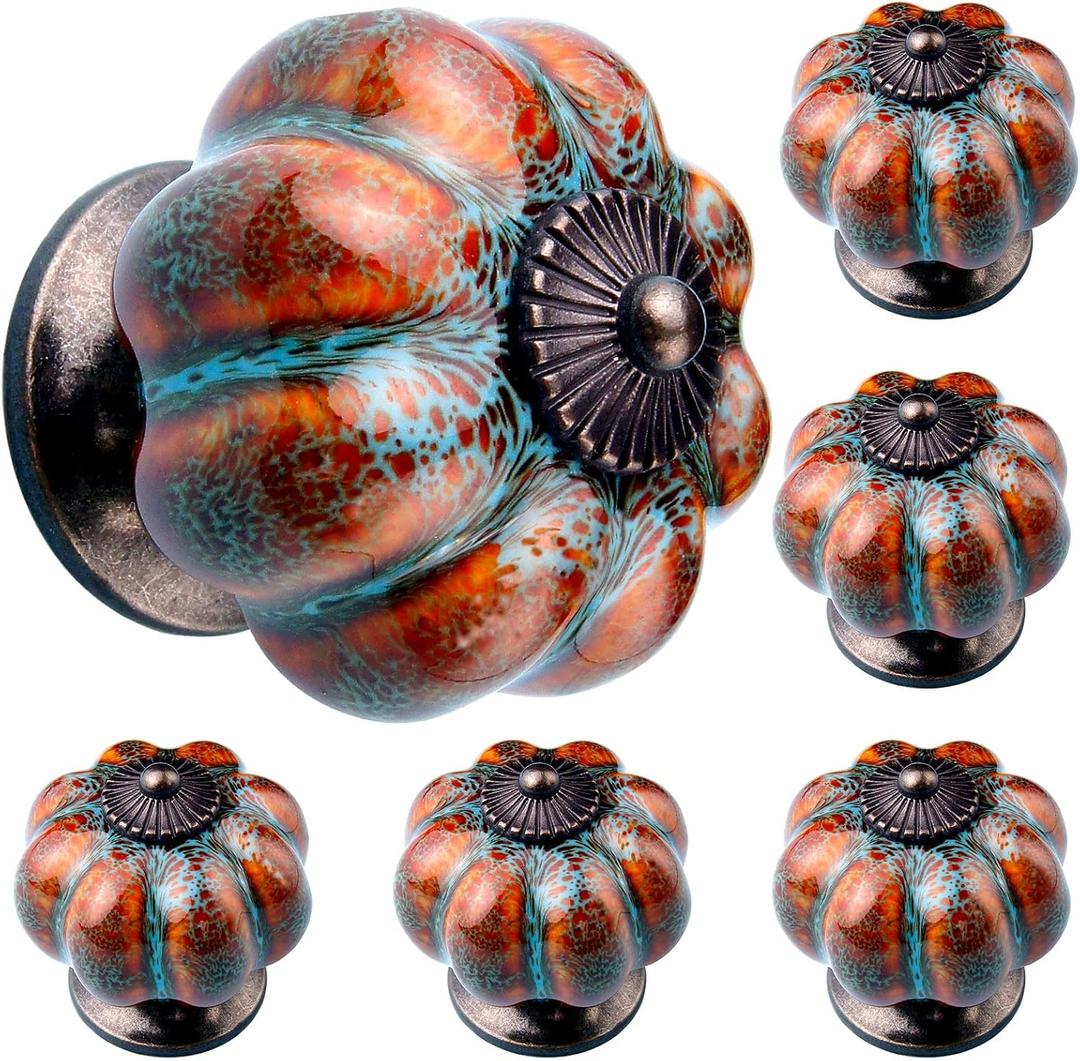 OLAYA Drawer Knob Ceramic Knob Cabinet Knobs 6 Pcs Drawer Pull Glazed Ceramic Knobs with Pumpkin Shape for Decor Door Pull Handle for Vintage Cabinet Drawers, Closets, Cupboard (Blue)