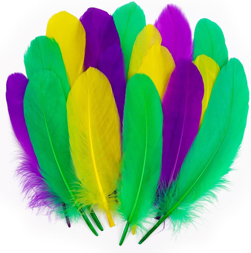 CCINEE 200 Pcs Mardi Gras Goose Feathers Bulk 6-8 Inch Large Colorful Purple Golden Yellow Green Feathers for DIY Crafts, Carnival Masquerade Party Costume Decoration