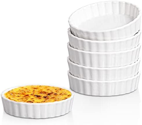 Delling Creme Brulee Ramekins - 6 Piece Set, 8 oz Round Fluted Quiche Dishes, Oven Safe, White