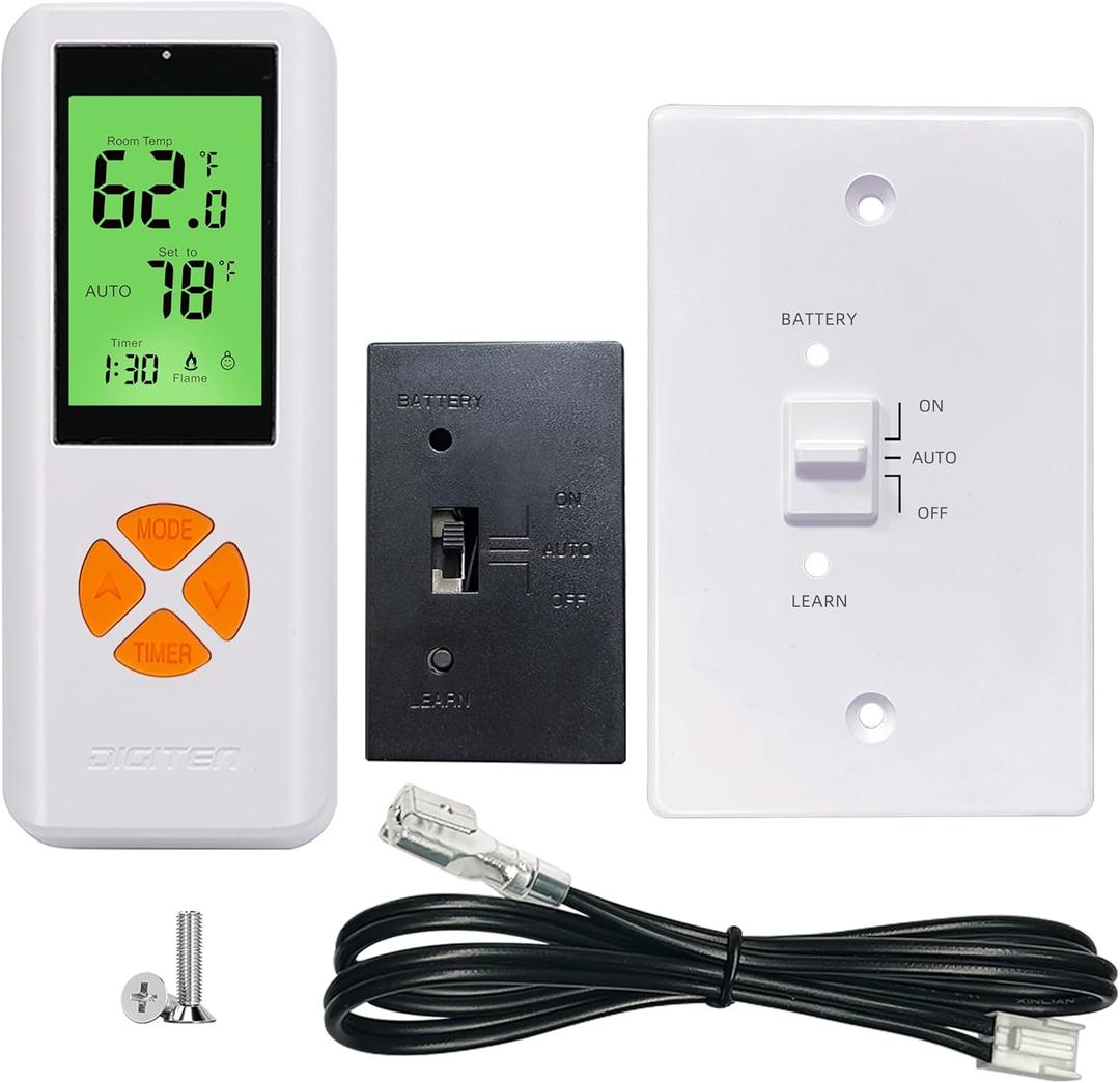 Fireplace Thermostat Remote Control Kit, for Millivolt Gas Valve & Electronic Ignition Systems, 65ft Range, LCD Display, ON/AUTO/Off Modes, Timer & Child Lock Function