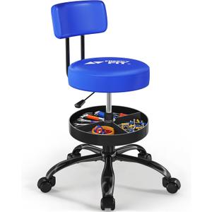 FreekyFit Rolling Shop Stool with Wheels, Garage Work Mechanic Stool, Blue | Rolling Stool Chair with Back, for Work bench, for Workshop, Adjustable Height, Shop Chair with Tool Tray, 330 LBS, Heavy Duty