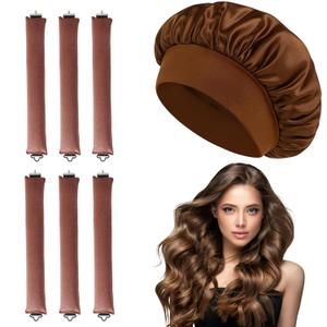 7 Pcs Jumbo Flexi Rods for Big Curls, Non Heat Hair Curlers for Overnight Curls, Blow Out Rods with Sleep Cap, Six Brown Non-Heat Curling Rods And One Coffee-Colored Sleeping Cap