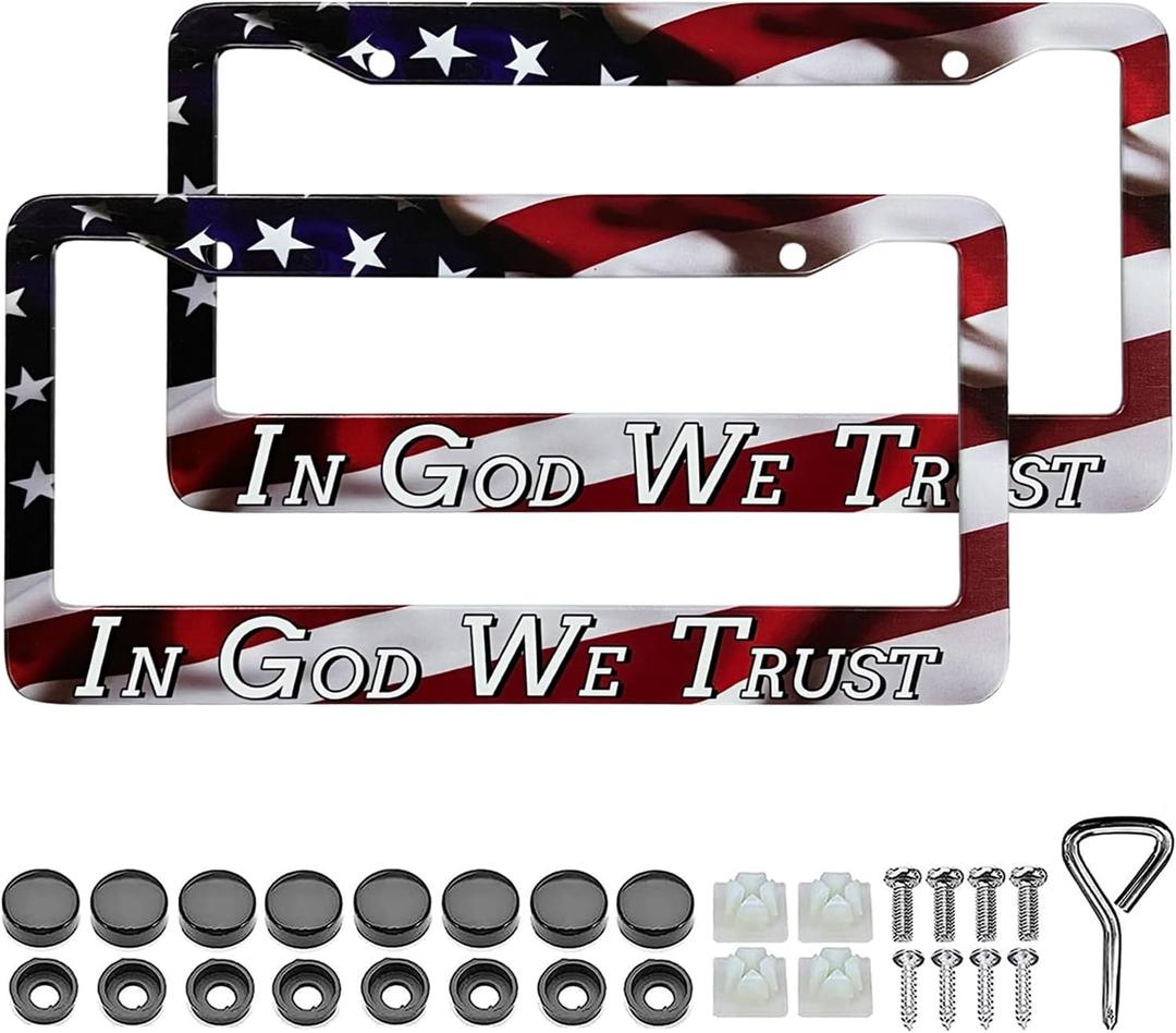 LIN KANG in God We Trust Christian License Plate Frames - 2 Pack American Flag Design Car Plate Holder Cover Universal Accessories License Plate Aluminum Car Tag Frames for Women Men US Vehicles