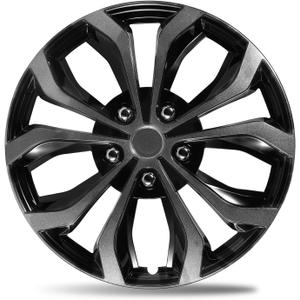 16 Inch Dual-Tone Black & Gunmetal Gray Wheel Covers Hubcaps for Steel Wheels, Set of 4, Adjustable Snap-On Design for Most Sedans, SUVs, Trucks & Vans, Tool-Free Install