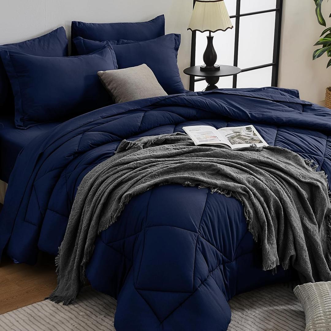 HEVUMYI Navy Blue Queen Comforter Set - 7-Piece All Season Bed in a Bag Queen, Ultra Soft Bedding Set with Comforter, Flat Sheet, Fitted Sheet, Pillowcases, Pillow Shams, Navy Blue