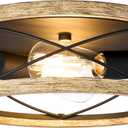 Flush Mount Light Fixture, 12-inch Farmhouse Ceiling Light Fixture with Wood, 2-Light Rustic Hallway Ceiling Lighting, Solid Wood Walnut Finish, MX99982-B
