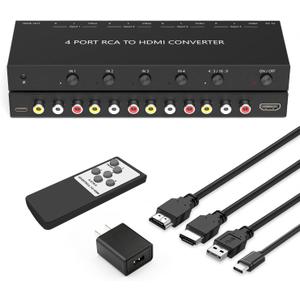 4Port AV to HDMI Converter, RCA/Composite/CVBS to HDMI Adapter for Wii/N64/PS1/PS2/PS3/VHS/VCR/DVD Players etc.