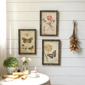 NIKKY HOME Set of 3 Vintage Butterfly Wall Art Poster Print Rustic Botanical Picture Decor Floral Plant Wooden Framed Plaque Sign for Bedroom Living Room Office Classroom (Multi)