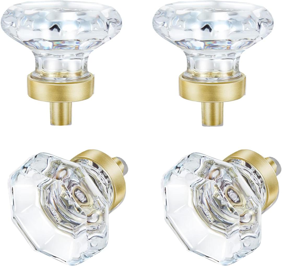 Clear Glass Crystal Cabinet Knobs Satin Brass, Gold Pulls and Knobs for Cabinet Dresser Drawer(4Pcs,Octagon) (4 Pieces)
