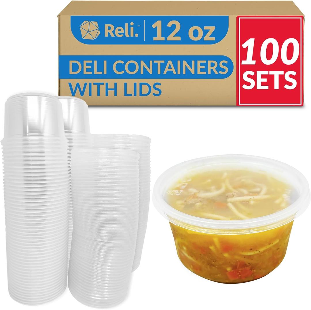 Reli. Deli Containers with Lids (100 Sets Bulk), 12 oz | Plastic Deli Containers with Lids 12oz | Disposable To Go Food Storage (Clear)