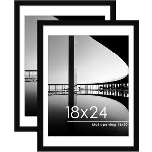 PEALSN 18x24 Picture Frame Set of 2, Display Pictures 16 x 20 with Mat or 18 x 24 without Mat for Wall Mounting Display, Poster Frames, Black