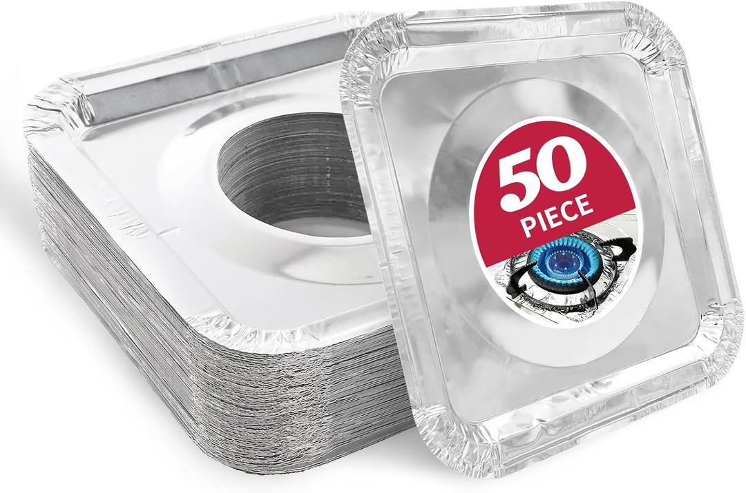50pc Aluminum Gas Stove Burner Covers -Thicker Foil Square Burner Liners - Disposable Gas Range Protectors, 50 Pack（Outer diameter: 8.5 x 8.5 inch）