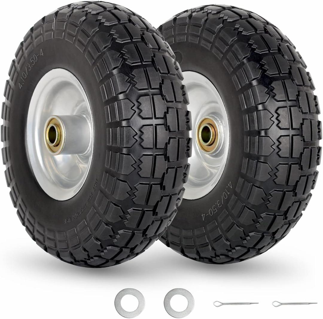 4.10/3.50-4" Flat Free Tire and Wheel, 10" Heavy Duty Solid Tire, 5/8" Axle Bore Hole, 2.2" Offset Hub, for Hand Truck Garden Cart Wagon Trolley Dolly Replacement, 2 Pack
