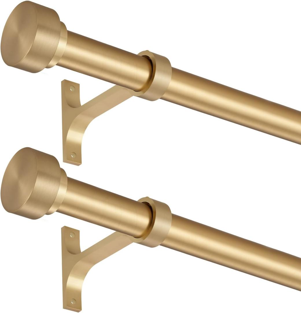 2 Pack Heavy Duty 1 Inch Diameter Single Curtain Rods 36-72 Adjustable Window Curtain Rod with with Cylindrical Cap Finials, Wall Mount and Ceiling Mount, Warm Gold