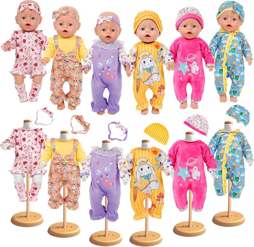 6 Sets 14-16 Inch Baby Doll Clothes, New Born Doll Outfits with Rompers & Accessories for 16-inch Soft Body Dolls ( No Doll)