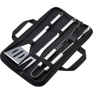 Amazon Basics 4-Piece Stainless Steel Barbeque Grilling Tool Set with Carry Bag