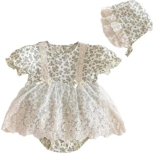Baby Girl Floral Romper, Long Sleeve Lace Dress Bodysuit with Bonnet, Princess Style Outfit for Newborn and Infant, (Short-Sleeve Beige, 9-12 Months)