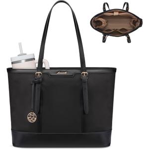 LOVEVOOK Work Tote Bag for Women 15.6 Inch Laptop Computer Bags with Cup Holder, Large Teacher Bag Briefcase for Business Office Travel Black, Nylon&PU