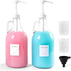 64 OZ Laundry Detergent Dispenser BY VEGEVIGI, Glass Liquid Laundry Soap Dispenser With Pump, Bleach And Fabric Softener Dispenser For Laundry Room, 2P