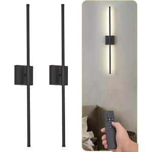 LED Battery Operated Wall Sconces with Remote Control,3000K-6000K Wireless Wall Light for Bedroom, Wall Sconces Set of Two,Background Wall, 360Rotate,32 Inch(2 Pack) (Black)