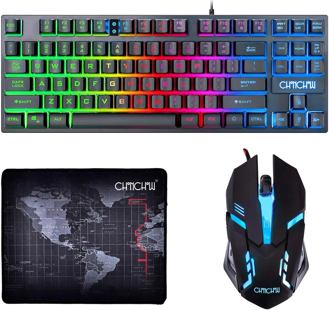 CHONCHOW 87 Keys TKL Gaming Keyboard and Mouse Combo, Wired LED Rainbow Backlit Keyboard 800-3200 DPI RGB Mouse, Gaming for PS4 Xbox PC Laptop Mac