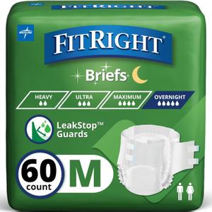Medline Extended Wear Overnight Adult Briefs with Tabs, Maximum Absorbency Adult Diapers, Medium (60 Count)