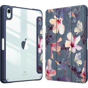 Fintie Hybrid Slim Case for iPad Mini 7 (A17 Pro, 7th Generation) 2024 / iPad Mini 6 (6th Gen) 8.3 Inch, [Built-in Pencil Holder] Shockproof Cover Clear Transparent Back Shell, Hibiscus