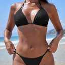TASHEHE Women Rhinestone Bikini Set Triangle Halter Two Piece Swimsuit String Thong Bathing Suit (Black, S)