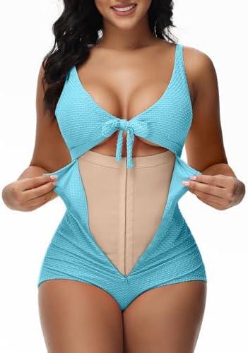 SHAPSHE Women's Tummy Control Swimsuit One Piece Slimming Bathing Suit Cutout Tie Knot Front Bikini Push Up Swimwear, M