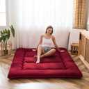 MAXYOYO Japanese Floor Futon Mattress - Thicken Sleeping Pad, Foldable Roll Up Mattress Topper, Guest Floor Couch Mat, Burgundy, Queen