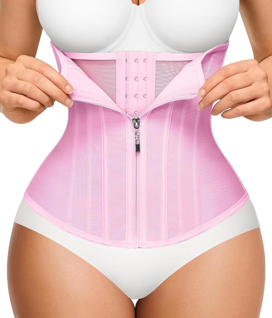 Nebility Waist Trainer for Women Zipper Corset Shapewear Tummy Control Mesh Waist Cincher Faja Body Shaper (Small, Pink)