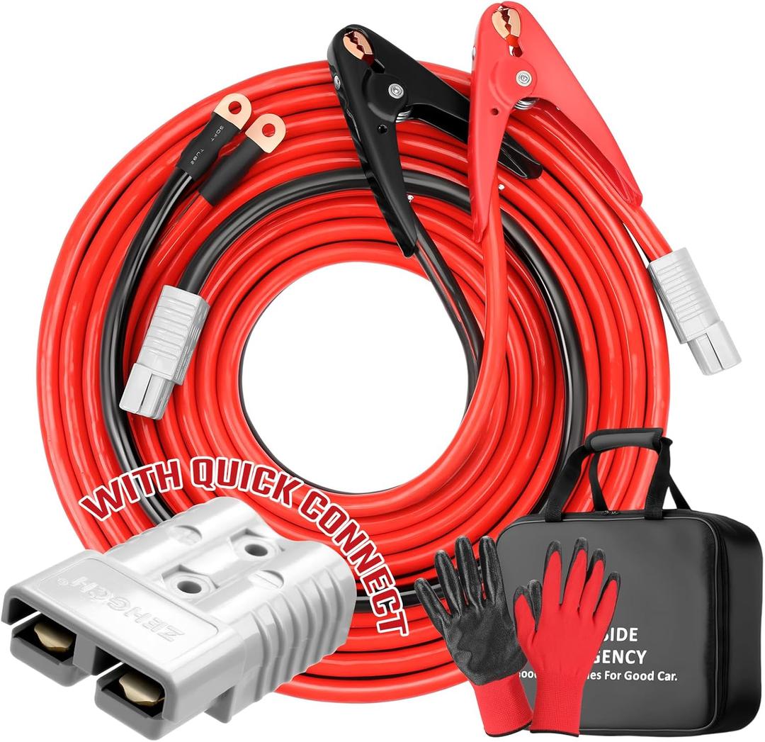 Jumper Cables, 30 feet 1 Gauge 1000Amp, Heavy Duty Booster Battery Cables with Permanent Installation kit and Quick Connect Plug for 12V & 24V Cars, SUV, Trucks, Diesel Trucks