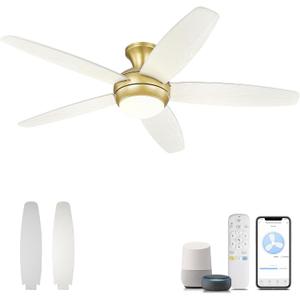 YOUKAIN 52'' Low Profile Ceiling Fan With Light, Gold Flush Mount Ceiling Fan, 6 Speeds DC Reversible Motor, Outdoor Indoor Modern Smart Ceiling Fans Work With WIFI App, 52-YJ236-GD