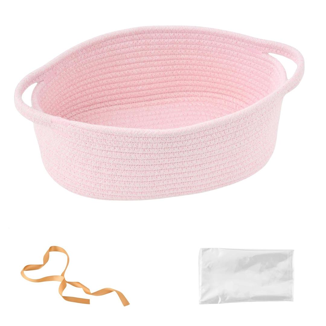 Small Woven Easter Basket with Gift Bag and Ribbon Empty Burr Basket for Gifts, Baby Shower, & Birthdays Decorative Rope Storage Organizer for Shelves, 12"x8"x5", Pink