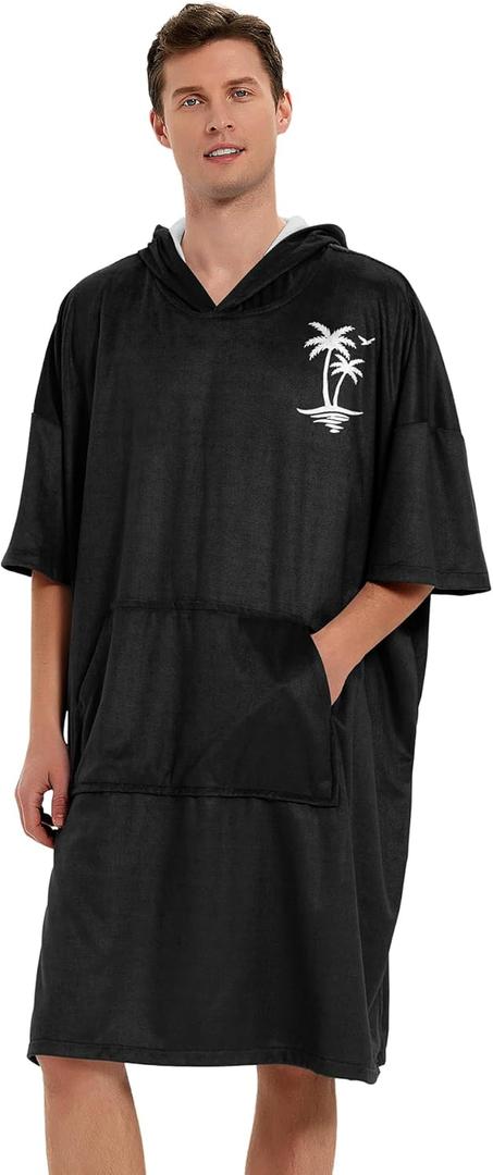 KFUBUO Surf Poncho Mens Towel Robe with Hood Changing Towel Poncho Adult Terry Cloth Swim Towels Quick Dry for Swimmers (Black Plam Tree)