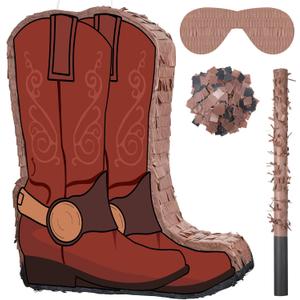 Lewtemi 15.7 Inch Cowboy Hat Piñata Western Cowboy Theme Birthday Party Decors Favors with Blindfold Stick Confetti Photo Prop Candy Holder Baby Shower Party Supplies(Brown Boot)