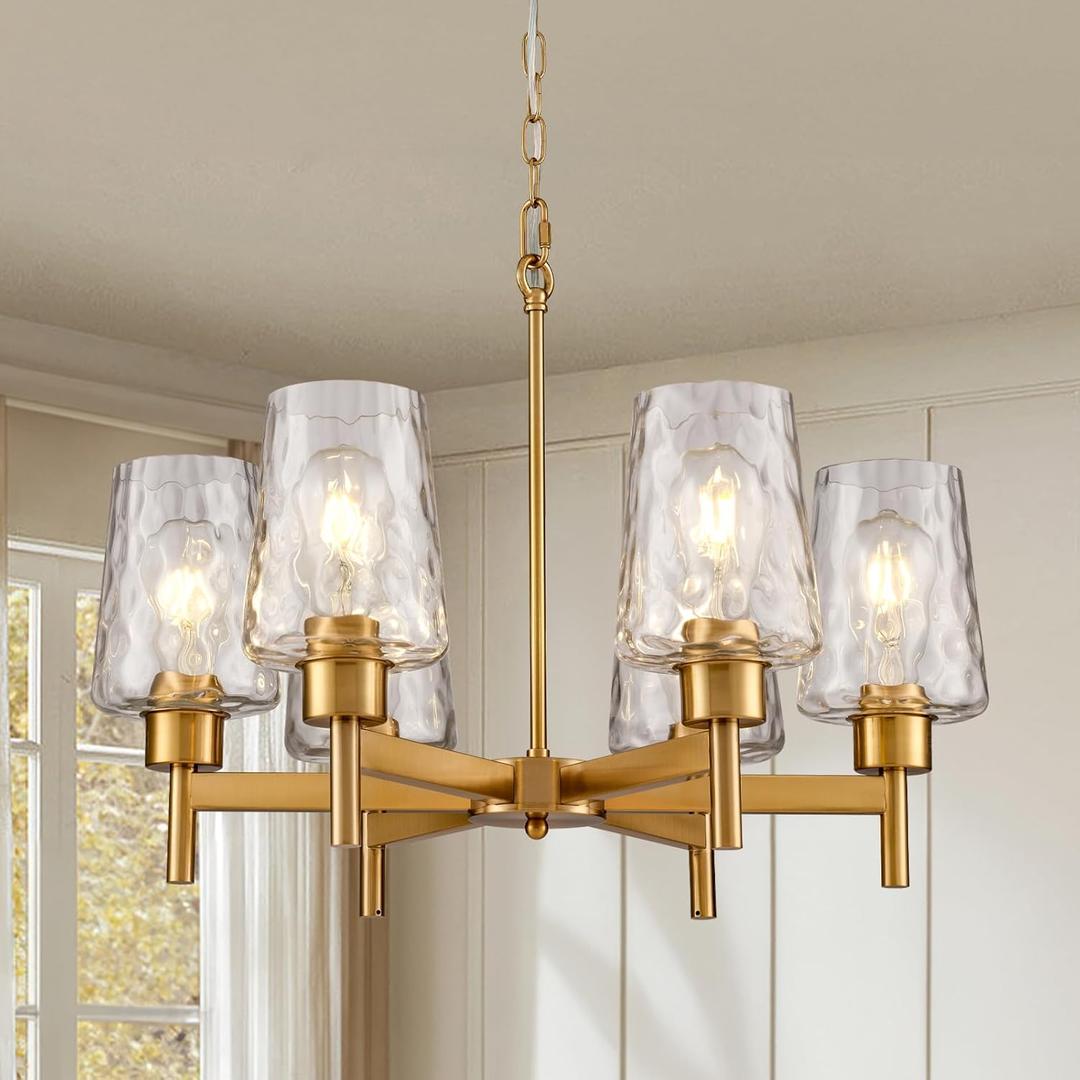 6-Light Gold Chandelier for Dining Room Farmhouse Chandeliers with Water Ripple Wine Glass Shades Adjustable Height Hanging Pendant Lights for Kitchen Living Room Bedroom Entryway, 6-Light Stone-Textured Glass