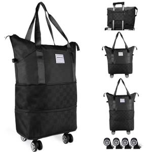 NBERMOTION Expandable Rolling Duffle Bag - Large Carry-On With Spinner Wheels, Foldable Weekend Travel Bag, 28-58L Capacity (A-Black）