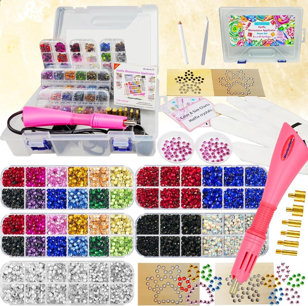 Hotfix Rhinestones Applicator Bedazzler Hot Fix Applicator Tool Kit with Crystals Gems 8600Pcs for Bedazzling Clothes Clothing Fabric Bedazzle, Heat Bedazzled Diamond Pen Setter Iron on Wand with Tips, 3mm 4mm 5mm SS10 SS20 SS30