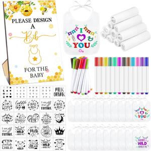 Panitay 100 Pcs DIY Baby Bibs Decorating Kit 50 White Bibs 25 Stencils 24 Fabric Markers 1 Baby Shower Game Sign