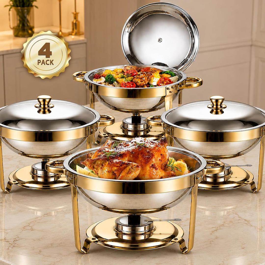 Gold Chafing Dishes for Buffet, 4 Pack 5QT Food Warmer Set for Home Parties