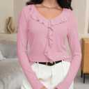 Women's Long Sleeve Shirts Dressy Casual V Neck Ruffle Knit Tunic Tops 2025 Fall Trendy Work Blouse (Pink, XS)