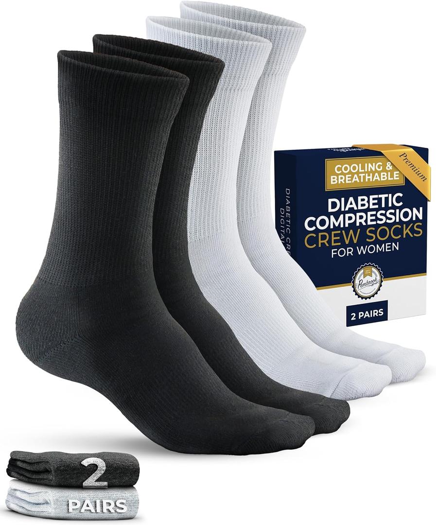 Pembrook Premium Diabetic Compression Crew Socks for Women - Running Socks, Short Compression Socks for Women - 2 Pairs (Large)