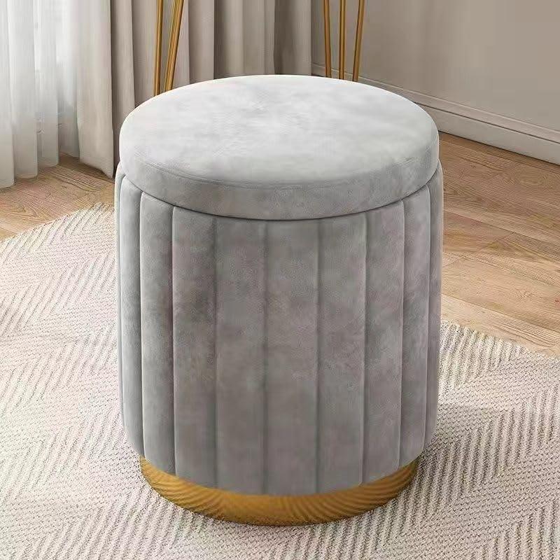Modern Velvet Storage Ottoman, Round Vanity Stool with High Resilience Sponge, Multifunctional Footrest Makeup Chair with Wooden Frame, Pink (Grey)